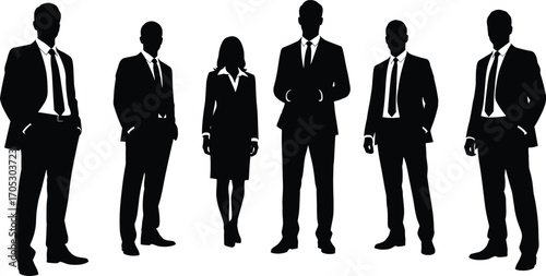 Silhouettes of business professionals standing confidently in formal attire, team collaboration, corporate leadership, teamwork concept, business success, diverse group
