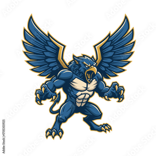 Powerful Gryphon Mascot Illustration Fierce, Muscular, Winged Creature Design