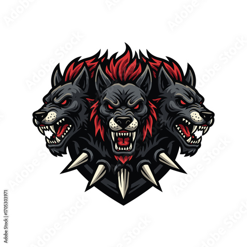 Mythological Cerberus emblem featuring a fierce three-headed hellhound with glowing red eyes and a spiked collar, a powerful mascot illustration