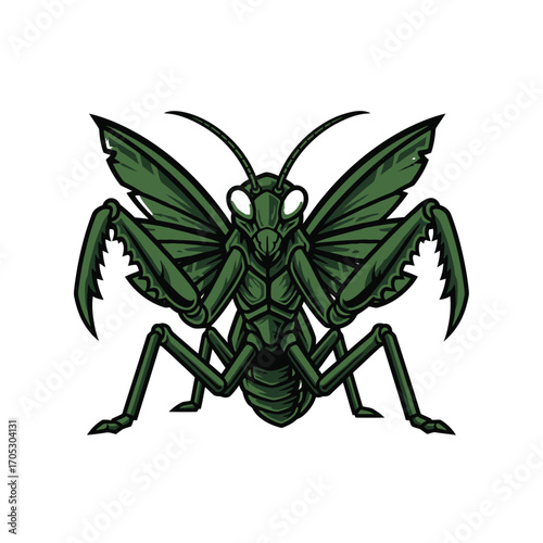 Fierce green praying mantis insect mascot with spread wings. Symmetrical predator bug illustration for a sports team or brand emblem