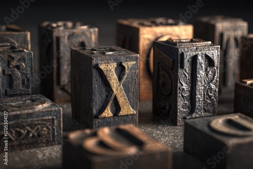 Vintage Letterpress Blocks with Golden Letter X in Focus