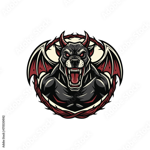 Mythical demonic wolf head with large wings and horns, set within a thorny circle emblem