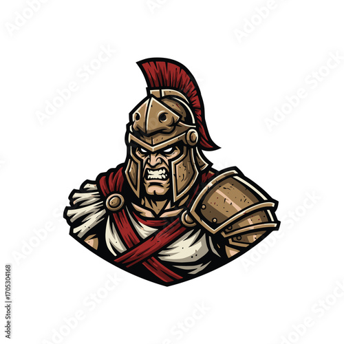 Aggressive Gladiator Warrior with Helmet and Red Plume, Ancient Roman Soldier Portrait