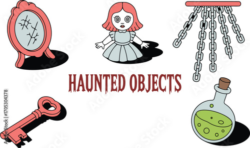 Eerie Haunted Objects Collection Creepy Doll Broken Mirror Chains Potion Key Illustration Vector
