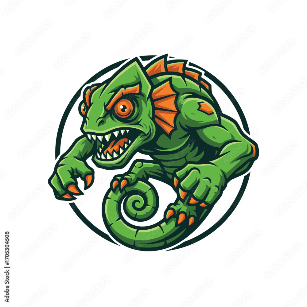 Obraz premium Angry Green Chameleon Cartoon Mascot in a Circle