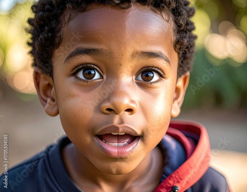 Close-up Portrait of a Young Boy with Dark Eyes and Open Mouth