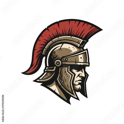 Classic depiction of an ancient Roman legionary's head in a detailed bronze helmet with a striking red crest, embodying strength and courage