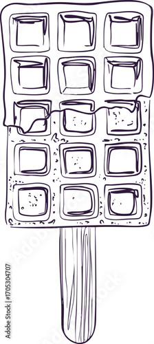 A waffle on a stick. Take-out sweets. Black and white image.