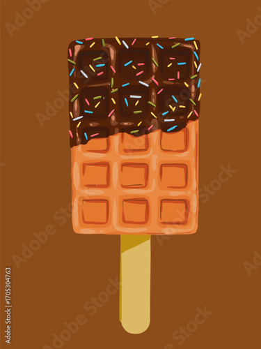 A waffle on a stick. Take-out sweets. Color image.