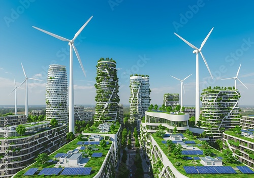 Embracing urban sustainability a modern metropolis with eco-friendly architecture, vertical gardens, and renewable energy infrastructure
