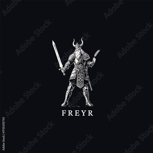 engraving of Freyr, the Norse god of prosperity, holding a shining sword. Vector template illustration