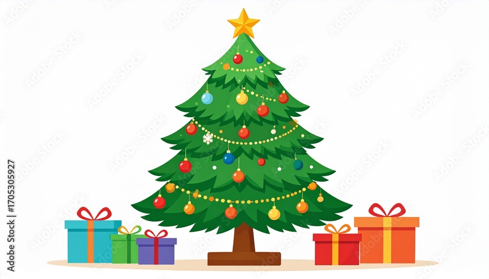 Fototapeta premium Christmas Tree with Star and Colorful Gift Boxes Illustration