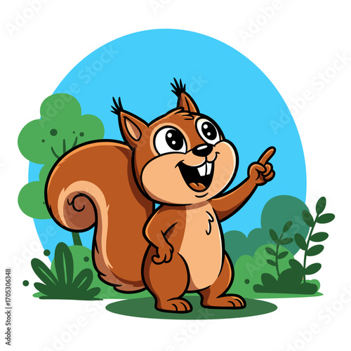 A cheerful cartoon squirrel stands upright with a big smile and raised finger, its bushy tail curled behind, set against a bright forest backdrop of blue sky and green plants.
