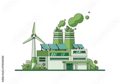Modern green factory with solar panels and wind turbine represents sustainable energy production and eco-friendly industry
