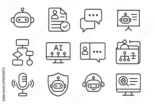 Artificial intelligence and chatbot icon set. AI, voice assistant, workflow icons. Vector illustrations
