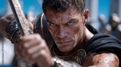 A man holding a sword in a scene from the movie Spartacus: War of the Damned