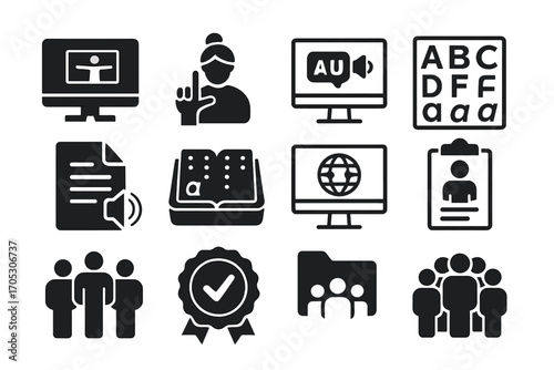 Education and accessibility solid icon set: learning tools and inclusivity symbols