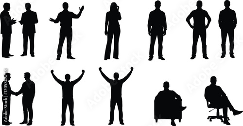 Silhouettes of diverse business people standing, shaking hands, celebrating success, and sitting in chairs isolated on white background vector