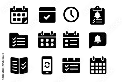 Office, productivity solid icon set. calendar, reminder management icons collection