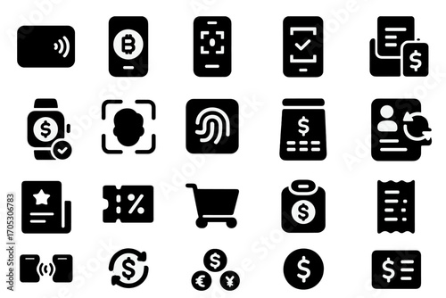 E-commerce and finance solid icon set. shopping, payments, currency symbols in solid style