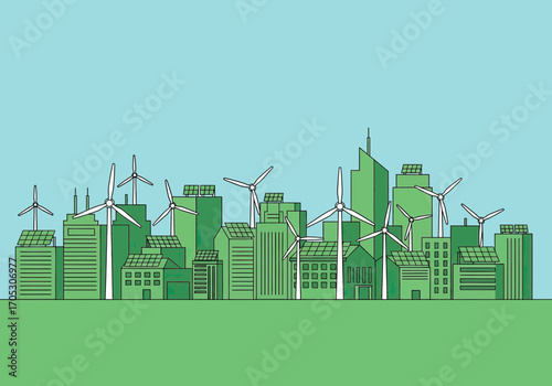 Modern green city skyline features wind turbines and solar panels for clean energy generation
