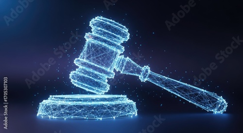 Digital Justice - A Futuristic Gavel and Sound Block Illustration.