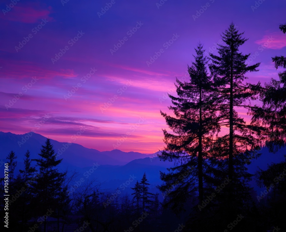 Fototapeta premium Purple Sunset Behind Trees Silhouette
