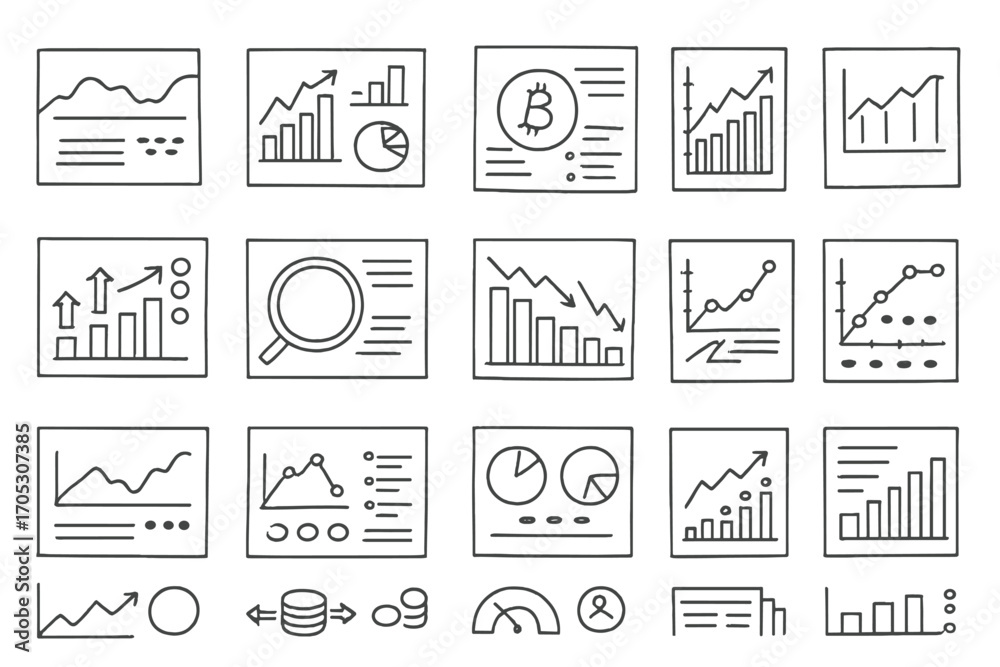 Fototapeta premium Financial, business line icon set. graphs, charts, analytics line style collection