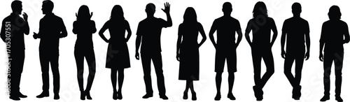 Silhouettes of diverse group of people standing together, social interaction, casual poses, teamwork, communication, community, collaboration, business, friendship concept