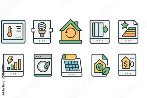 Energy efficiency filled icon set for home sustainability and eco-friendly solutions