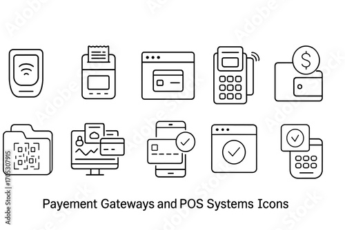 Payment gateways and pos outline icon set. digital, transaction, e-commerce icons.