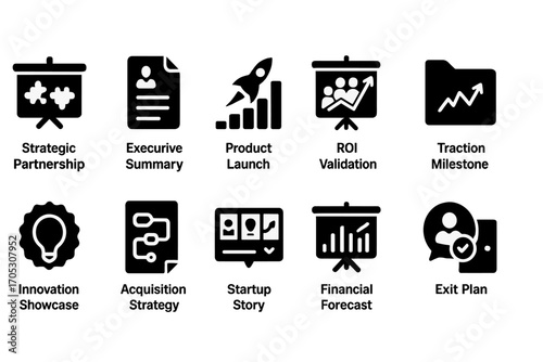 Business, strategy solid icon set. growth, planning, milestone, innovation icons solid pack