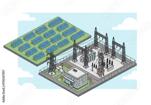 Modern solar farm and power substation generating clean energy for a sustainable future.