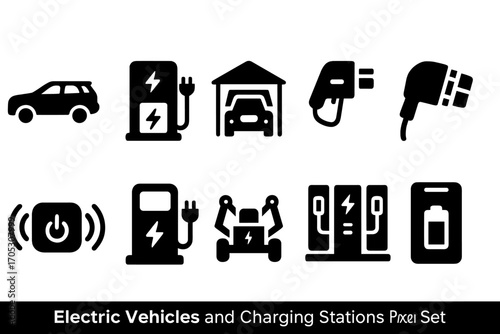 Electric vehicles icon set. charging, power stations icons silhouette collection