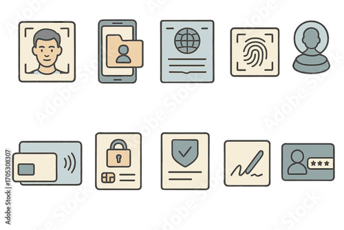Security and privacy flat icon set. identity protection, data safety icons collection