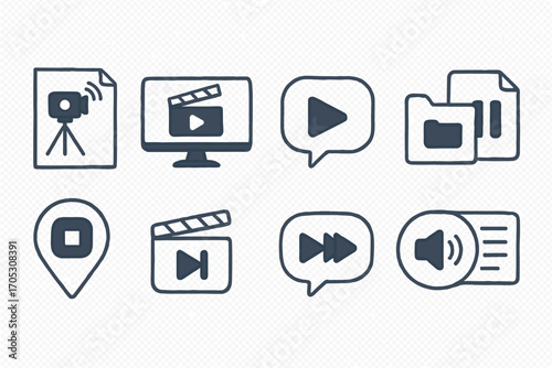 Media, entertainment line icon set. audio, video, playback outline collection