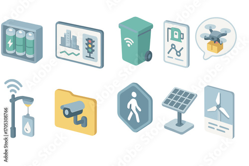 Smart city, energy, environment 3d icon set. urban development, technology visuals