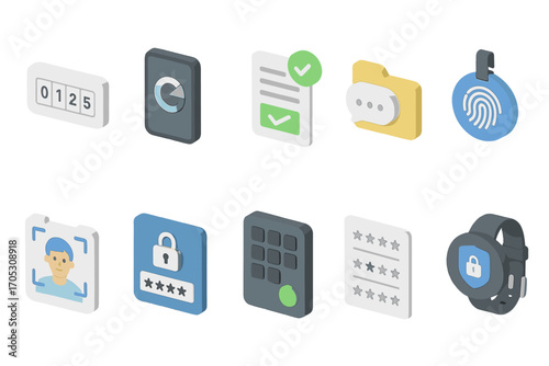 Security and authentication icon set. protect data with isometric access icons