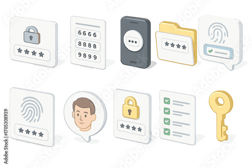 Security and access icon set. 3d collection of lock, fingerprint, and key icons.