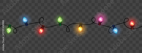 Vector set of realistic glowing colorful christmas lights in seamless pattern isolated on dark background