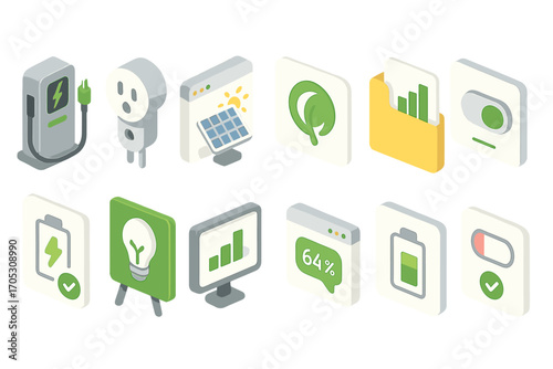 Energy and technology 3d icon set. eco-friendly, digital, green power icons collection