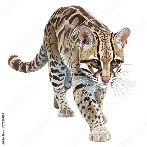 Margay, watercolor vector, isolated on a white background.