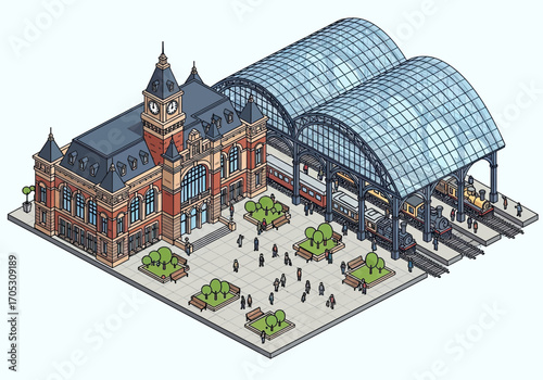 Vintage train station with steam locomotives and bustling travelers, capturing historical transport journeys.