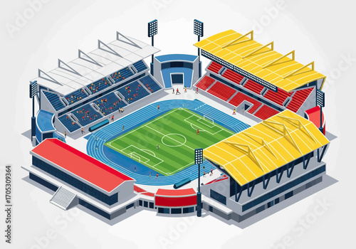 Vibrant stadium view with active field and cheering crowds, perfect for sports events and competitions