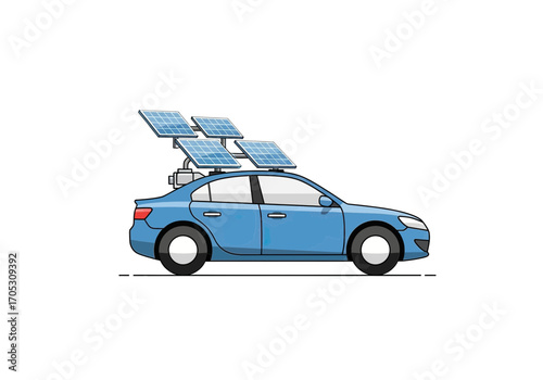 Innovative blue car with solar panels on roof powering clean energy future mobility concept