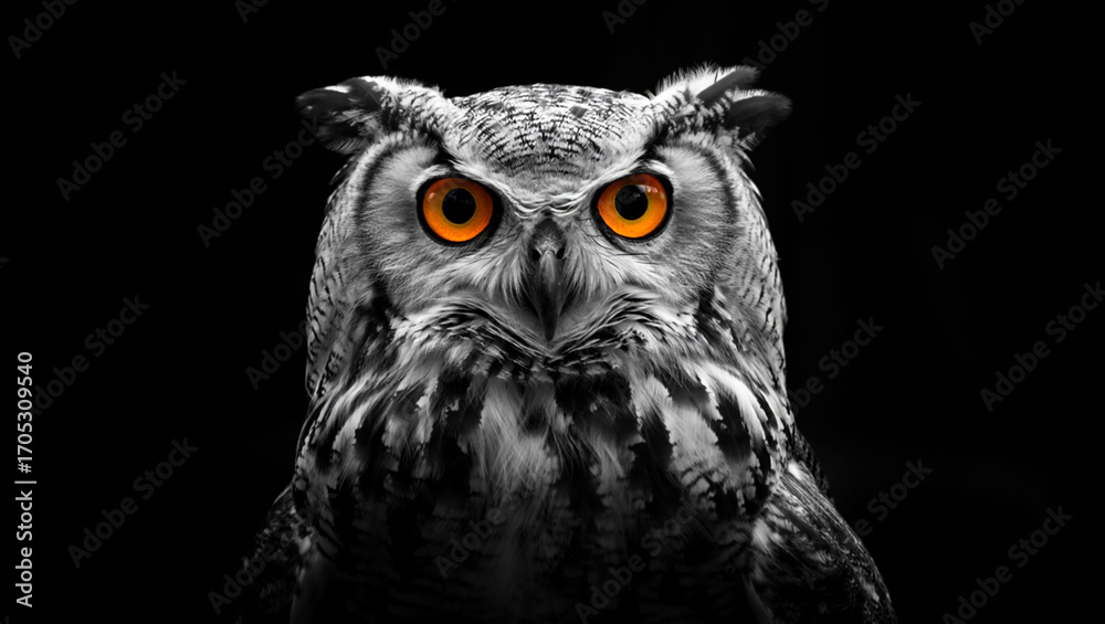 Obraz premium A majestic owl stares intently with its bright, piercing eyes. 
