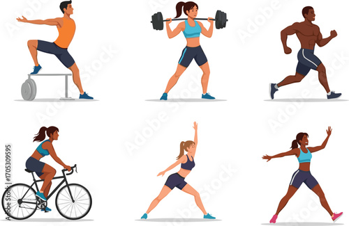 Cartoon fitness people exercising, stretching, weightlifting, running, cycling, doing workouts, active lifestyle, gym routine, sports training illustration
