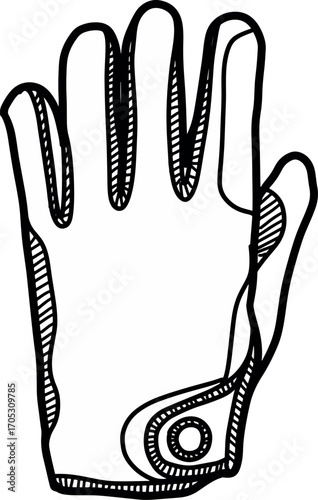 Simple hand-drawn sketch of a sports glove in a monochrome doodle style. Isolated black and white line art illustration representing athletic equipment and accessories for recreation