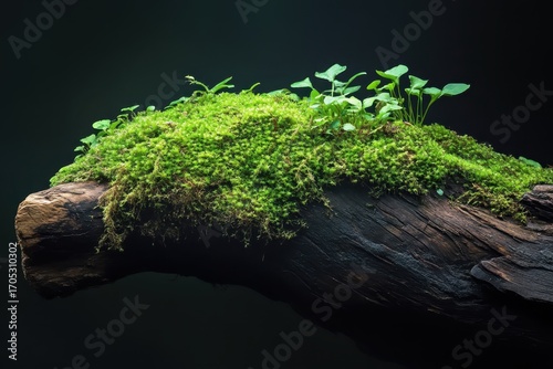 moss covered fallen log on dark background.