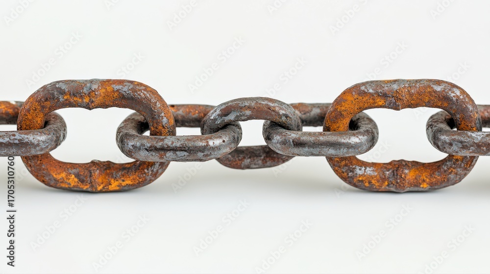 Fototapeta premium Close up of a rusty metal chain with weathered texture against a white background image photo